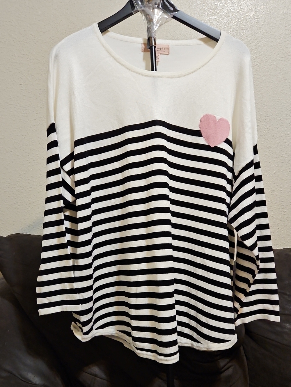 Philosophy Black & White Striped Scoop Neck Sweater with Pink Heart Patch